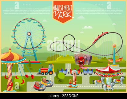 Amusement park design composition with ferris wheel swing carousel and kids cars in cartoon style flat vector illustration Stock Vector