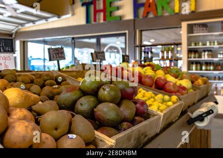 Clanton, Alabama, USA - June 17, 2017: Fresh fruit on display at Durbin Farms Market a popular roadside produce market in Chilton County. Stock Photo