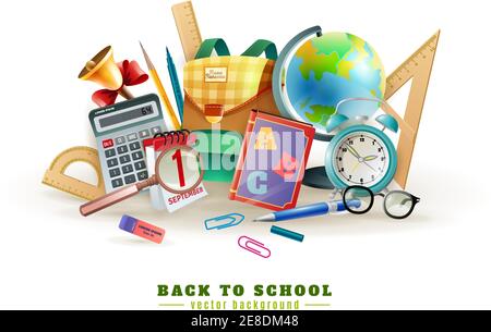 Back to school background poster for with office stationary supply items alarm clock and classroom accessories vector illustration Stock Vector