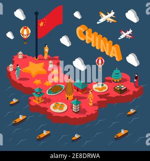 China touristic isometric map with colorful chinese culture elements on sea background vector illustration Stock Vector