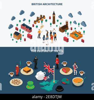 Touristic Great Britain isometric horizontal banners set with culture symbols isolated vector illustration Stock Vector