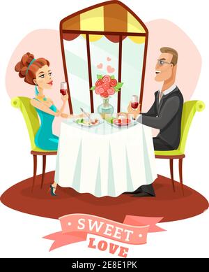 Young couple having romantic dinner and drinking vine in restaurant interior flat vector illustration Stock Vector