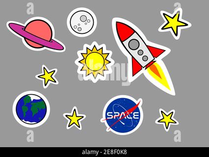 STICKER ROCKET SPACE, PLANET, MOON, SUN AND STARS PATCHES VECTOR Stock Vector