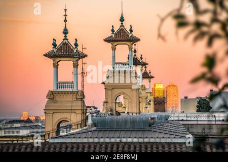 Decorative towers near the National Museum of Catalan Art MNAC on the Plaza of Spain in Barcelona. Stock Photo