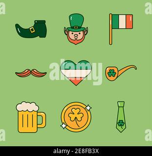 bundle of nine saint patricks day set icons in green background vector illustration design Stock Vector