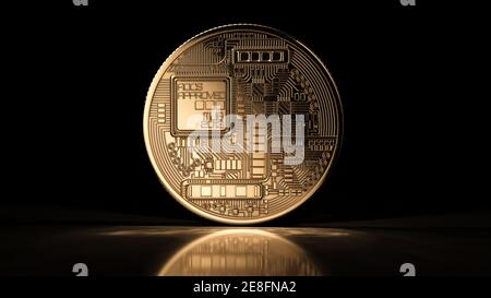 Golden bitcoin coin on black background. Popular digital currency. Cryptocurrency created, distributed, traded, stored in decentralized system Stock Photo