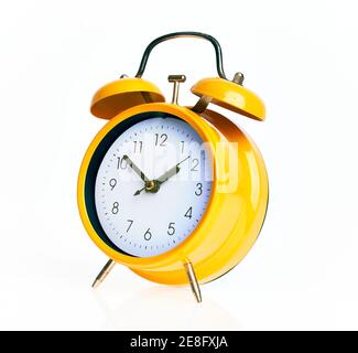 Hand of hispanic man holding yellow alarm clock over isolated white background. Stock Photo