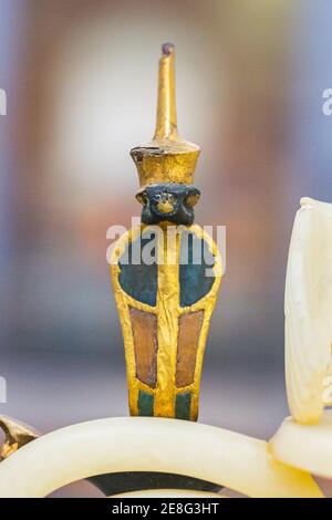 Egypt, Cairo, Tutankhamon alabaster, from his tomb in Luxor : Detail of a composite perfume vase, a cobra wearing the red crown. Stock Photo