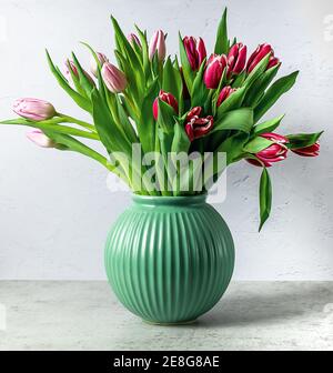 Beautiful spring flowers tulips in a green vase. Festive concept Stock Photo