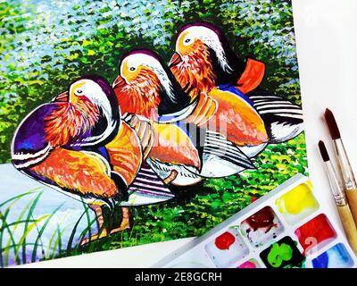 Art ,painting ,Acrylic,color ,Mandarin duck Stock Photo