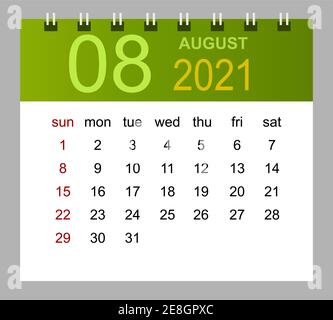 Template of calendar for August 2021. Week starts Sunday. Isolated vector illustration. Stock Vector