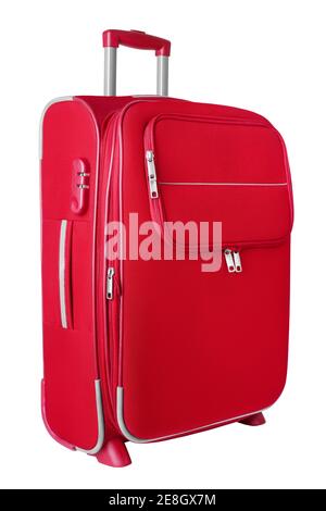 Red fabric travel suitcase with zipper & handle on white background isolated close up side view, large cloth baggage case, big textile luggage trolley Stock Photo