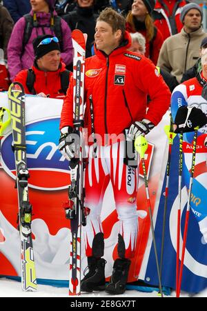 Benjamin Raich of Austria smiles during the podium ceremony after the season's last races in Garmisch-Partenkirchen March 13, 2010.   REUTERS/Wolfgang Rattay   (GERMANY - Tags: SPORT SKIING)