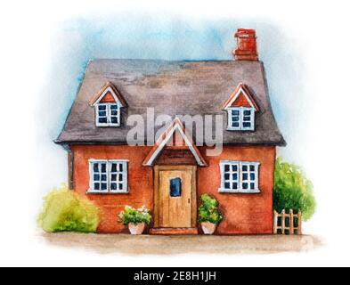 Watercolor illustration of traditional English house isolated on white background. Hand drawn cozy village house with plants and sky Stock Photo