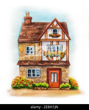 Hand drawn illustration of traditional English village three-storeyed house isolated on white background. Watercolor cozy house with flowers, plants Stock Photo