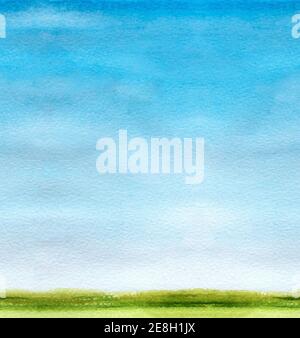 Seamless watercolor background with sky, clouds and lawn. Texturized painted basis for drawing or collage Stock Photo