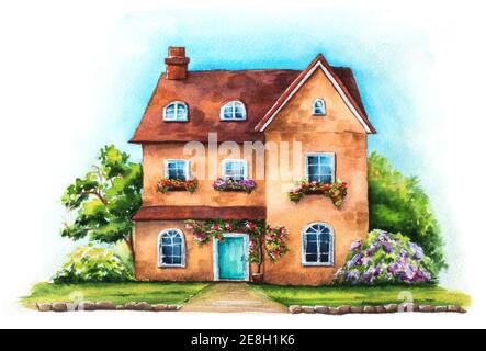 Traditional English house on an green lawn isolated on white background. Watercolor hand drawn illustration of British cottage with garden and sky Stock Photo