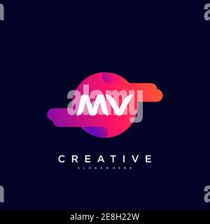 MV Initial Letter logo icon design template elements with wave colorful Stock Vector