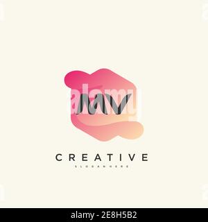 MV Initial Letter logo icon design template elements with wave colorful Stock Vector