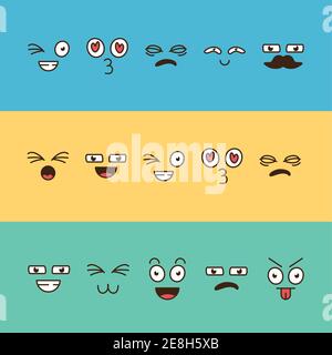 bundle of fifteen cartoon faces emoticons icons vector illustration design Stock Vector