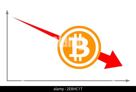 Bitcoin currency symbol with a downtrend. Red arrow. Financial collapse concept. Stock Vector