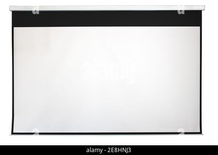 This is a white rectangular presentation screen with a black frame hanging on the wall. Isolated on a white background. Stock Photo