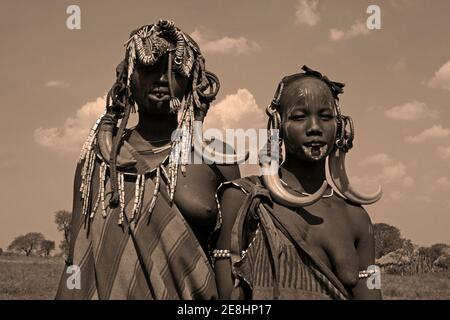 Young Mursi Tribe Women, Omo Valley Ethiopia Stock Photo