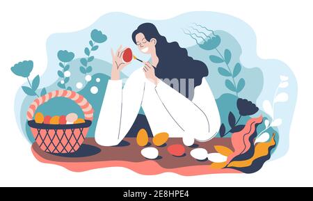 Woman painting eggs for easter holiday celebration Stock Vector
