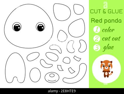 Coloring book cut and glue baby red panda. Educational paper game for preschool children. Cut and Paste Worksheet. Color, cut parts and glue on paper. Stock Vector