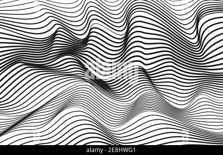 Op art tech pattern. Abstract black and white waves. Creative design, flowing lines. Vector squiggle thin curves. Monochrome striped background. EPS10 Stock Vector