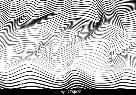 Abstract monochrome line art design. Black squiggle curves, white background. Vector  technology striped pattern. Radio, sound waves concept. EPS10 Stock Vector