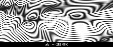 Technology line art pattern. Abstract waves, black and white striped background. Vector squiggle curves. Optical illusion. Monochrome design. EPS10 Stock Vector