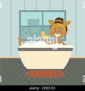 Vector cartoon with cheerfull smiling girl in yellow hand band with bunny  ears taking a bath full of soap foam and rubber duck in her hand. green  colo Stock Vector Image &