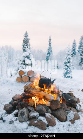 Teapot placed on bonfire on snowy field near coniferous trees against cloudy sunset sky in winter Stock Photo