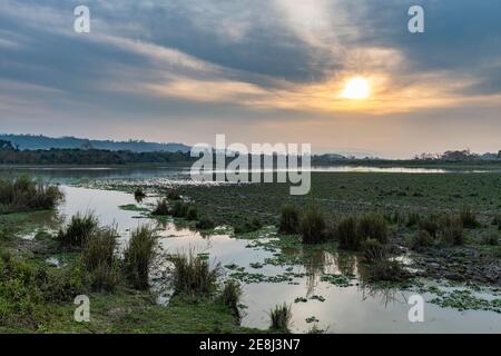 Sunset over the Brahmaputra river, Unesco world heritage site, Kaziranga National Park, Assam, India Stock Photo