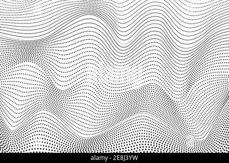 Waving black dotted lines. Digital halftone pattern, squiggly curves.  Abstract background. Monochrome waves design, industrial concept. Vector EPS10 Stock Vector