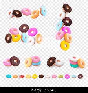Big Collection Set of Realistic 3d sweet tasty donuts with different colour icing isolated on transparent background. Vector illustration Stock Vector
