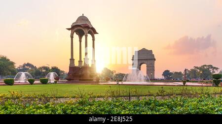 The India Gate and the Canopy at sunset in New Delhi, view from the National War Memorial Stock Photo