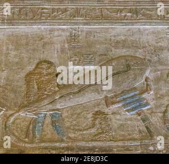 Egypt, Dendera temple, in a room, strange scene called 'light bulb', sometimes (wrongly) seen as a proof that Ancient Egyptians knew electricity. Stock Photo