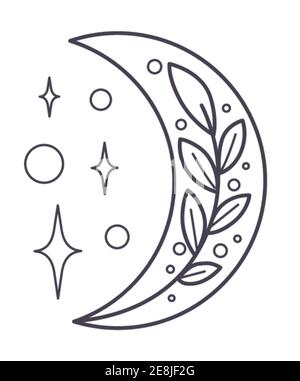 Crescent moon with stars and glowing line art Stock Vector
