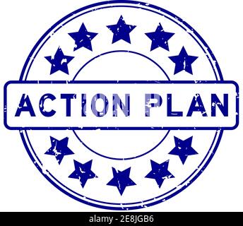 Grunge blue action plan word with star icon round rubber seal stamp on white background Stock Vector