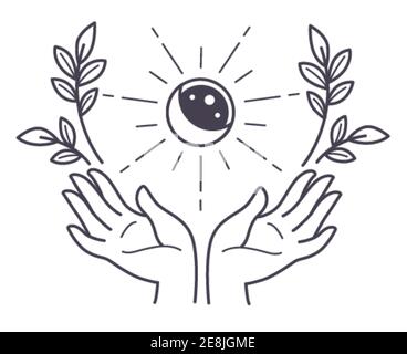 Hand holding full moon and sun eclipse with flora Stock Vector
