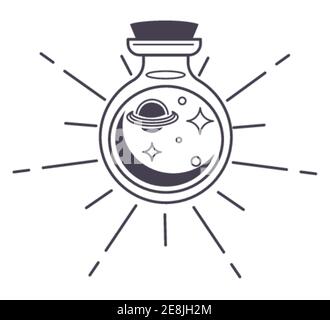 Bottle with magic potion or spell, planets stars Stock Vector
