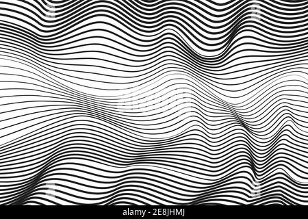 Black undulating lines, techno concept. Abstract striped pattern. White background. Vector op art design. Radio, sound waves. Optical illusion. EPS10 Stock Vector