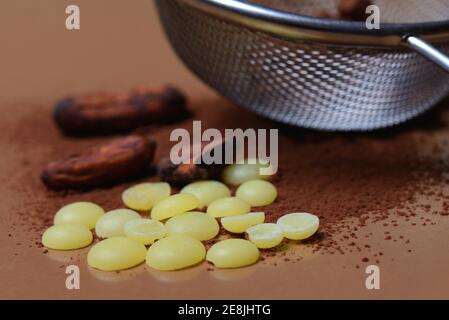 Cocoa powder in sieve and cocoa beans( Theobroma cacao) , cocoa, chocolate ingredient Stock Photo