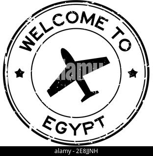 Grunge black welcome to Egypt word with airplane icon round rubber seal stamp on white background Stock Vector