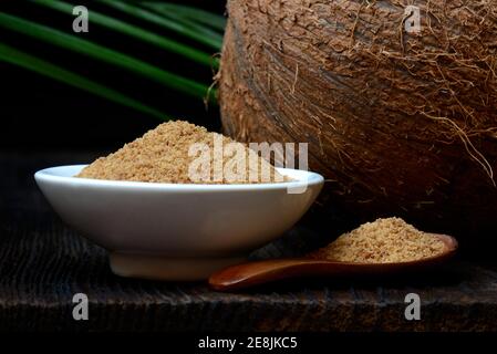 Coconut blossom sugar in shell and coconut Stock Photo