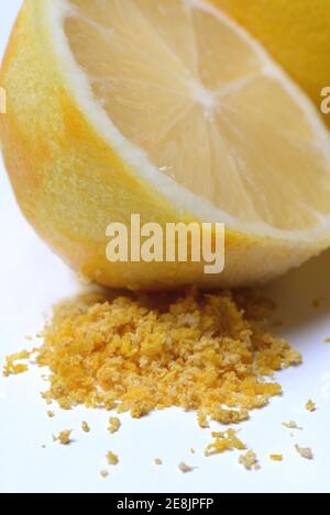Lemon, lemon zest and half lemon, lemon peel, lemon zest, lemon grated lemon, lemon zest, lemon zest, grated lemon peel Stock Photo