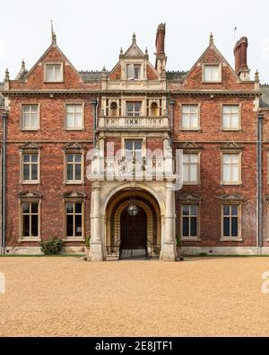 UK, Norfolk, Sandringham Estate, 2019, April, 23: East Front Entrance Detail of the house, Sandringham House, Queen Elizabeth II's country residence i