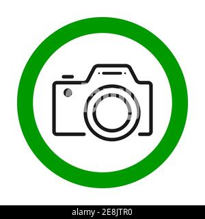 Cameras allowed sign. Flat icon in green circle. Vector illustration . Stock Vector